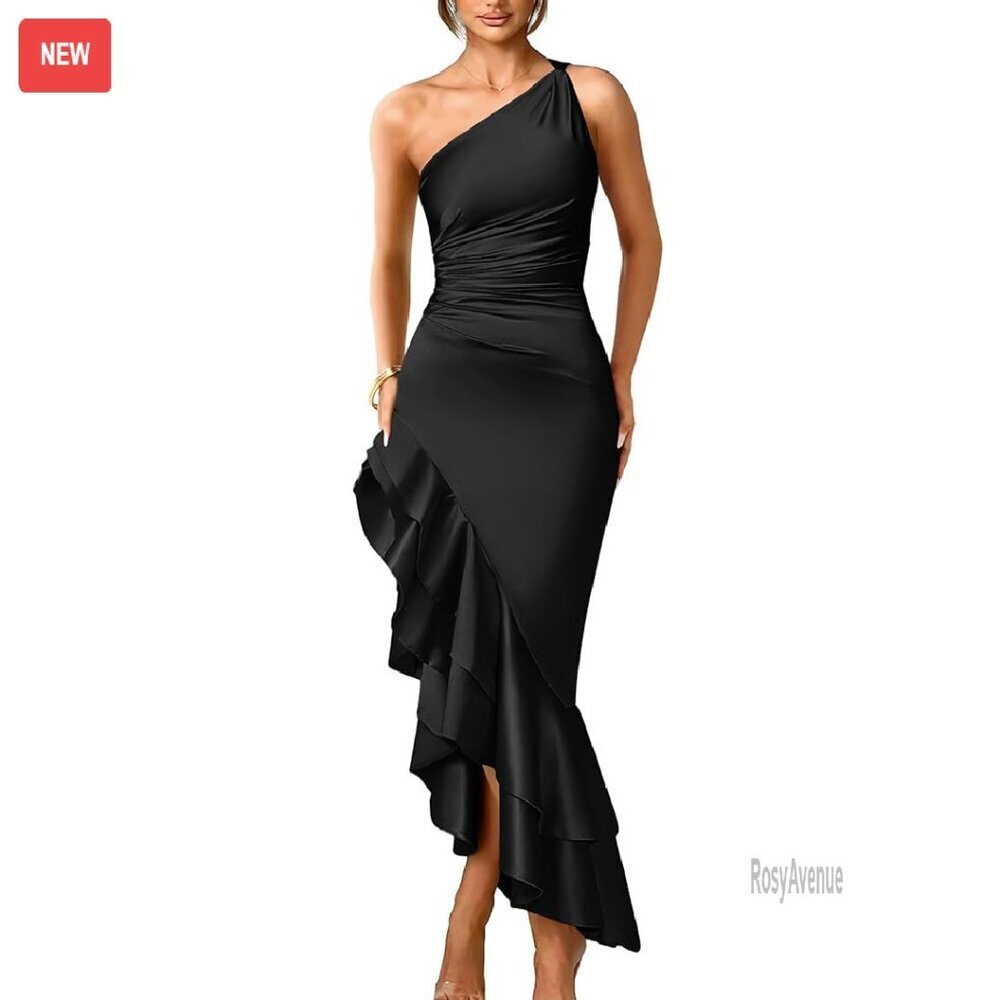 One Shoulder Ruched Satin Maxi Dress Formal Cocktail Party